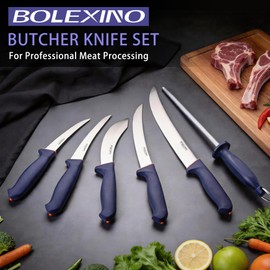 BOLEXINO 6 PCS Professional Butcher Knife Set for Meat Cutting, With Non-slip Softgrip & X50CrMoV15 Stainless Steel - Includes Breaking, Boning, Skinning, Trimming Knives, Sharpener Rod