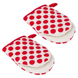 BUNCHBRAVO Short Oven Mitts Pack of 2 | Red Polka Dot Print | Heat Protective Mini Cotton Kitchen Gloves for Baking, Grilling and Cooking