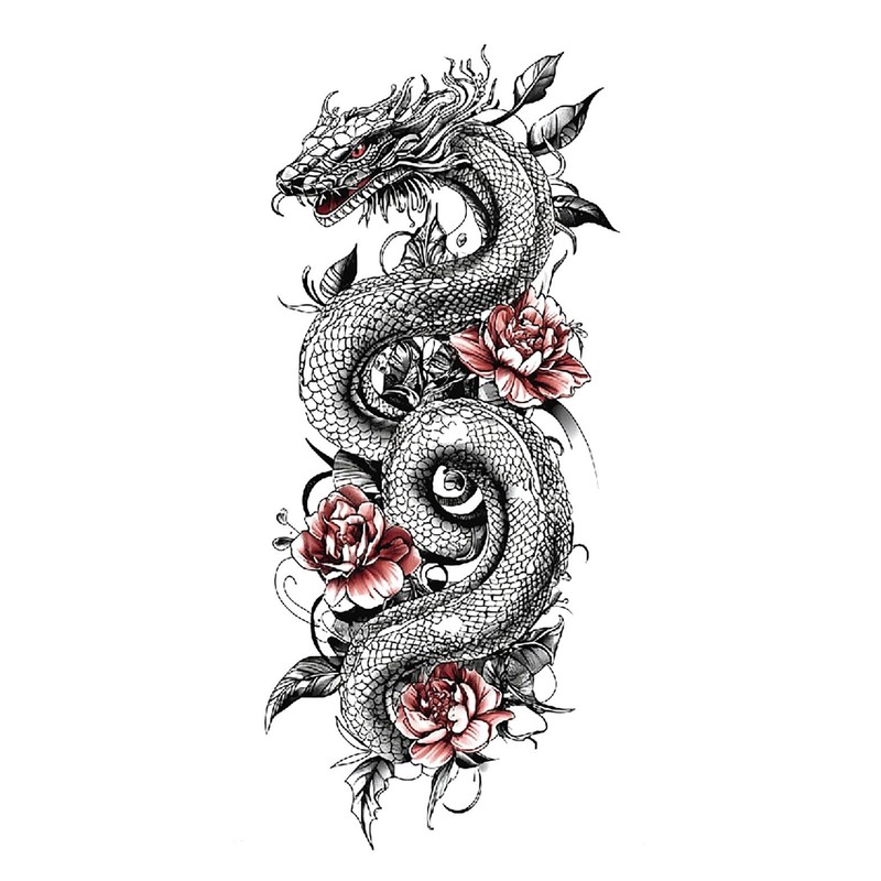 2 x Temporäres Drache Tattoo Drachen mit Rosen Tattoo Fake