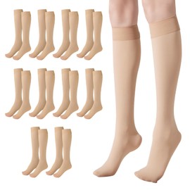 SIWOKJJO Women's Knee Socks, Light Skin-Coloured, Transparent Long Stockings, Nylon Skin-Coloured Knee Stockings, Transparent Nylon Stockings, Women, 20 Denier, 10 Pairs