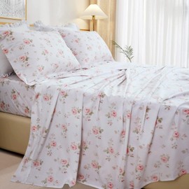 QSH 100% Cotton Sheets for King Size Bed-Shabby Vintage Chic Rose Flower Floral Printed Bedding Sheets 17.5" Extra Deep Pockets Bed Sheets Soft and Breathable 4pcs