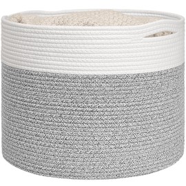 Goodpick Blanket Basket, 15.8"x15.8"x13.8" Woven Rope Basket for Storage, Kids Toy Storage Baskets Organizer Bins, Toy Storage for Nursery, Towel Basket, Light & Grey