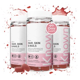 Hair, Skin & Nails Vitamin Gummies by Known | 60 Two-a-Day Vitamin Gummies (3 Month’s Supply) | Natural Botanical Extract | for Healthy Hair, Skin & Nails | Strawberry Flavoured Gummies (Pack of 3)
