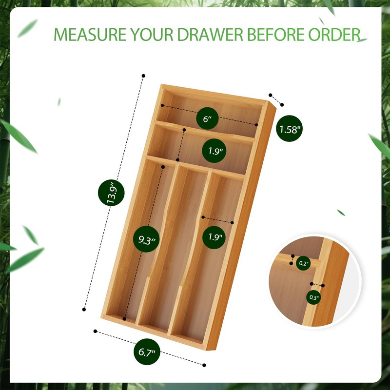 Small Silverware Organizer, Bamboo Kitchen Drawer Cutlery Organizer, Utensil Holder,