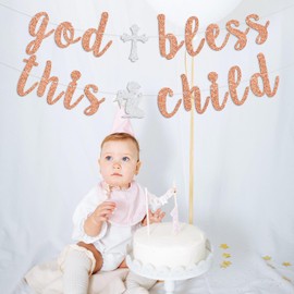 God Bless This Child Banner, Cross Baptism Banner for Kids, First Holy Communion, Blessing on Your Confirmation, Religious Christening Baby's 1st Birthday Baby Shower Party Decorations Supplies