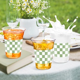SiliFine 50 Pcs 12 oz Race Car Cups Checkered Flag Disposable Clear Buffalo Gingham Plaid Plastic Cups for Racing Party Drink Supplies Decorations Birthday Baby Shower (Green)