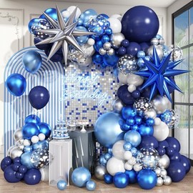Blue White Silver Balloons Garland Arch Kit, 105Pcs Navy Metallic Blue Silver White Confetti Balloon with Explosion Star Foil Balloon for Birthday Graduation Wedding Fathers Day Retirement Party Decor