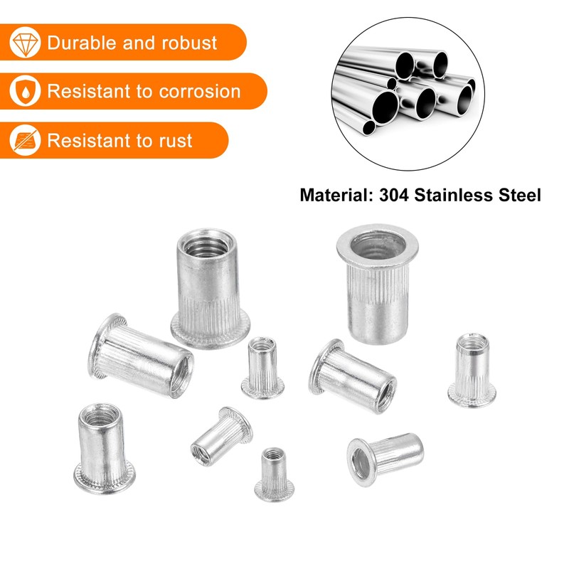 sourcing map 100Pcs Rivet Nuts Flat Head, M10 Stainless Steel