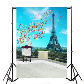 AOFOTO 3x5ft Eiffel Tower Backdrop Paris Themed Birthday Party Decoration France City Balcony Colorful Balloons Easel Photography Background Romantic Aerial Veranda Girl Bride Photo Studio Props Vinyl