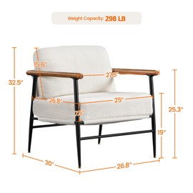 Topeakmart Mid-Century Boucle Accent Chair, Reading Chair with Stylish Boucle Fabric, Lounge Chair with Ultra-Long Armrest and Extra-Wide Seat for Living Room Lounge Office, Ivory