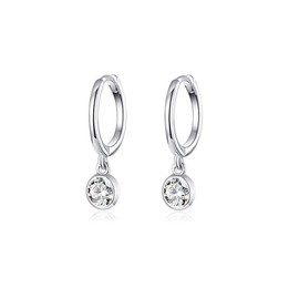CZ Bezel Dangle Hoop Earrings for Women Girls 925 Sterling Silver Charms Minimalist Tiny Round Cubic Zirconia Drop Dangling Cartilage Helix Tragus Diamond Solicate Hypoallergenic Jewelry (Silver)
