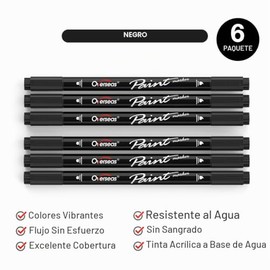 Overseas Marcadores de pintura acrílica negra, paquete de 6 bolígrafos de pintura de doble punta, marcadores acrílicos - Marcador de punta de punto y 
