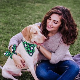 E-Clover St Patricks Day Dog Bandana & Matching Scrunchie Set Shamrock Lucky Dog Bandanas Scarf with Bow Hair Ties for Medium Large Dogs & Pet Owner Mom