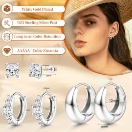 JeweBella 3 Pairs of Earrings Silver/Gold for Women Girls 14K Gold Earrings Set Stud Earrings Hoop Silver 925 Post Earrings Stackable Earrings Gold Silver Hoop Earrings Set for Multiple Piercings,