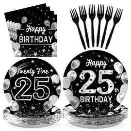 Grencian 96Pcs 25th Birthday Decorations for Men Women Black Silver 25th Birthday Party Plates Disposable Paper Tableware Set for Women Men Happy 25 Year Old Party Supplies, Serves 24