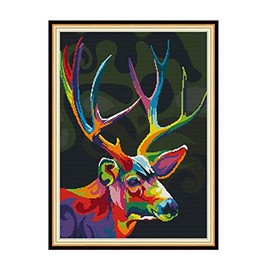 Cross Stitch Embroidery Kits for Adults Kids, WOWDECOR Colorful Deer Animals 11CT Stamped DIY DMC Needlework Easy Beginners
