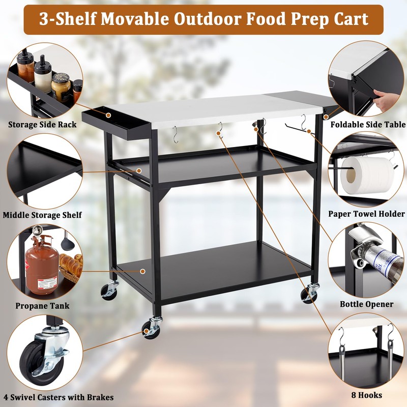 GarveeLife Outdoor Grill Table Cart with 4 Wheels, Stainless Steel