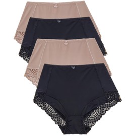 Barbra's High Waist Leg Elegant Lace Trim Panties, Assorted Color( Black and Nude ), LARGE, 4 Pack