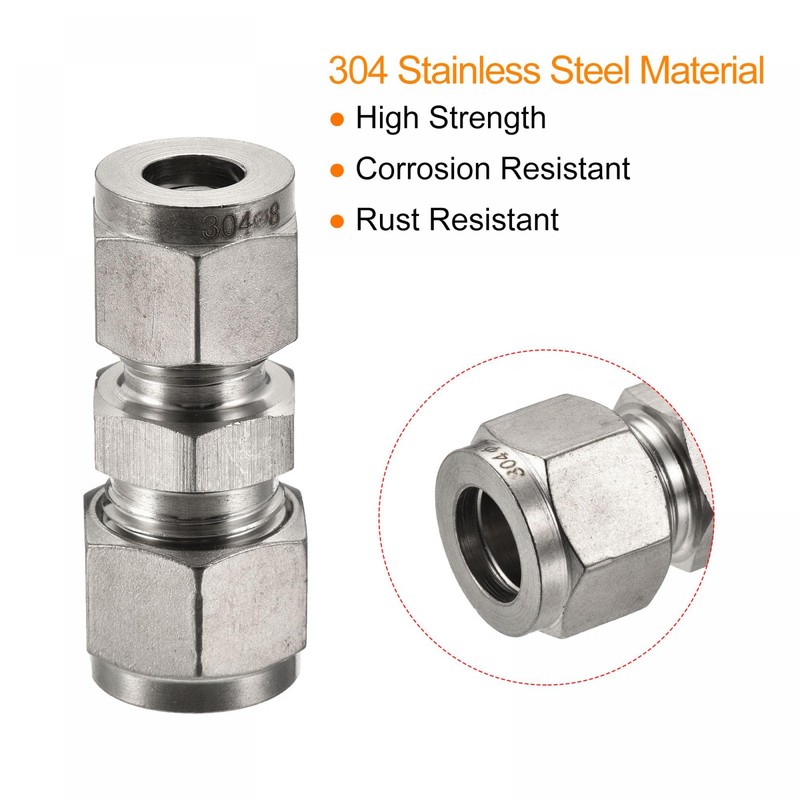 sourcing map Compression Tube Fitting 304 Stainless Steel 8mm x