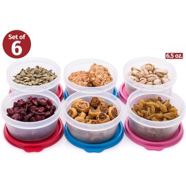 Reusable Plastic Food Storage Containers Stackable Airtight Food Containers for Snacks, Picnics, Food Prep, Picnics and more – Set of 6 in Various Sizes – Dishwasher Microwave and Freezer Safe - 6.5oz