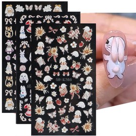 SINSEN Easter Nail Art Stickers Cute Bunny Nail Decals, 3Sheets 5D Embossed Easter Day Nail Art Supplies Cartoon Rabbit Butterfly Flower Nail Stickers for Acrylic Nails Women Easter Nail Decorations