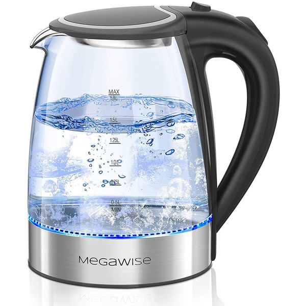 MegaWise Electric Kettle, 1.8L Borosilicate Glass Tea Kettle with LED Light, Auto Shut-Off and Boil-Dry Protection Cordless Kettle Fast Boiling