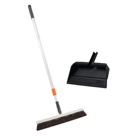 Superio 18" Horse Hair Broom with Telescopic Handle & 16" Black Dustpan with Comb, Rubber Lip & Handle Clip - Floor Cleaning Set for Hardwood & Tile Floors - Gray/Black