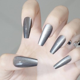 24Pcs Silver Press on Nails Medium Coffin Fake Nails Cat Eye False Nails with Gradient Design Glitter Press on Nails Full Cover Glossy Acrylic Nails Stick on Nails f