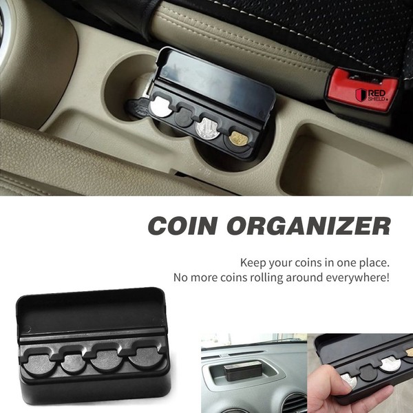 RED SHIELD Coin Holder in Black, Organizer with Removable Lid