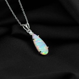 GEMKORA Opal with CZ Crystal Pendant Necklace, Fire Play Gemstone, Birthstone Crystal, Healing Stone, Gift for Women Mom Her, Statement Jewellery, 925 Sterling Silver 18 inch