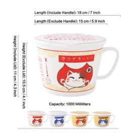 TOPWCK Cute Ramen Bowl with Chopsticks Handle Lid, Microwavable Big Ceramic Noodle Bowl Soup Bowl Kawaii Lucky Cat bowls Japanese ramen lover gift office dorm essentials teens kids child bowls 34oz 1L