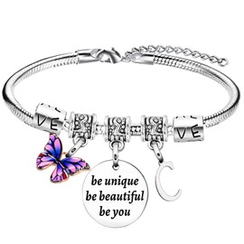 YEEQIN Inspirational Gifts Initial Bracelets For Women Friends Butterfly Bracelets Charm Bracelets For Sister Daughter Granddaughter 26 Letters Alphabet Bracelets (C)