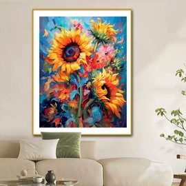 XJHiveMian Sunflower Cross-Stitch Stamped Kits, Vivid Gerbera Daisies Scenery Needlepoint, Printed Counted Cross Painting Kits for Beginners, Embroidery Kits Arts and Crafts for Home Wall Decor