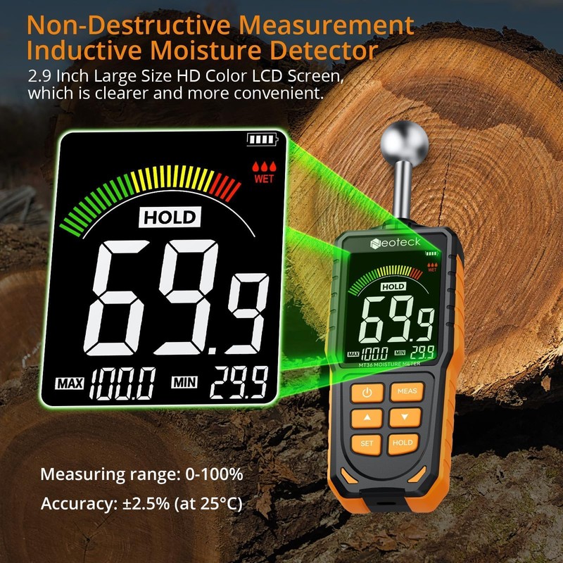 Neoteck Spherical Inductive Moisture Meter 5-40mm Analysis Depth Pinless Moisture