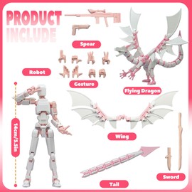 2-piece T13 action doll set (assembled) 3D printed multi joint movable action doll, multi joint movable flying dragon, essential decoration for gaming enthusiasts' toy desktops, collectibles (Pink)
