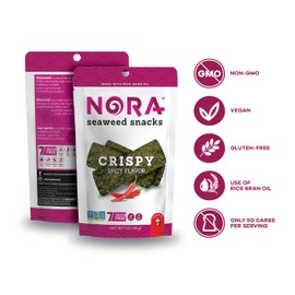 Crispy Spicy Seaweed Snacks by Nora, Thick Nori Sheets Snack Strips, Low-Carb Healthy Snacks for Adults, Asian Snacks, Vegan, Gluten-Free, Non-GMO, 6-Pack