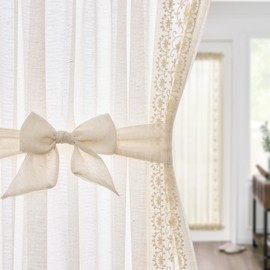 jinchan French Sheer Volie Door Curtain Embroidered Farmhouse Linen Curtain for Patio Door with Tie up Bows Light Filtering for Door Window Closet Rod Pocket 72 Inches 1 Panel Crude on Beige