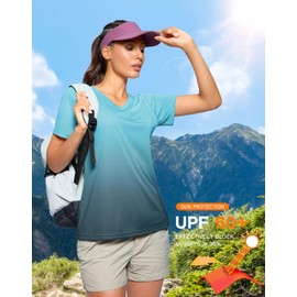SANTINY Women's V Neck Short Sleeve Shirts Uv Protectioin Moisture Wicking Hiking Workout Athletic T Shirts for Women (Gradient Green Grey_L)
