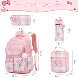 ACESAK Backpack for Girls with Insulated Water Bottle, Bow Tie Plaid Bookbag for Girls Kids, 14oz Termos Kids Water Bottle Stainless Steel, Lunch Bag & Pencial Case, Back To School Gift (Pink)