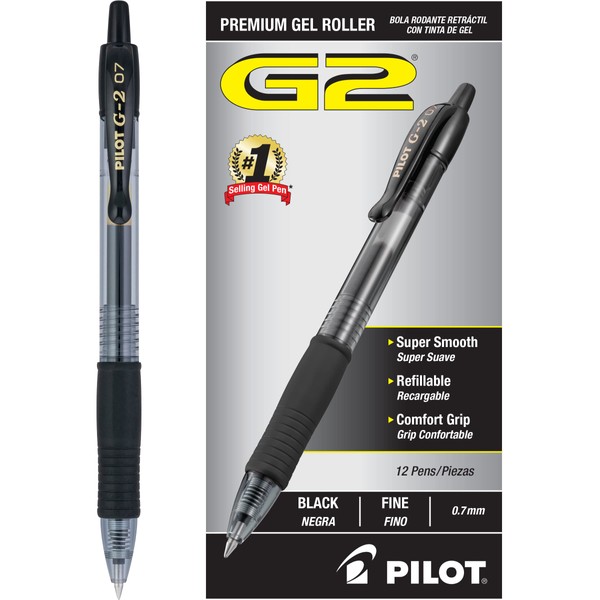 Pilot, G2 Premium Gel Roller Pens, Fine Point 0.7 mm, Black, Pack of 12