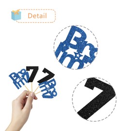 Bro I'm 7 Cupcake Toppers - Boy Seven Years Old Bithday - Happy 7th Birthday Party Decoration Supplies Black Blue Glitter - 24 Pcs