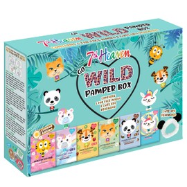 7th Heaven Go Wild Pamper Box Skincare Gift Set - 6 Printed Animal Face Masks and 1 Panda Headband