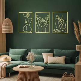 Holylove 3Pcs Metal Wall Decor - 0.12''Thicker Modern Minimalist Abstract Women Shape Wall Sculptures - Gold Home Wall Art Decor for Bedroom Living Room Decor