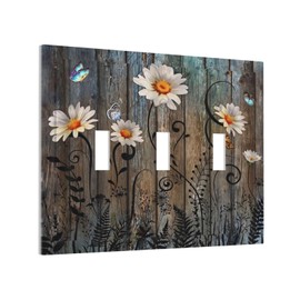 Farmhouse Rustic Floral Butterfly Daisy Country Decorative Outlet Light Switch Cover Triple Toggle Device Wall Plate 3 Gang Electrical Faceplate for Bathroom Home Retro Decor Accessories 6.7" x 4.8"