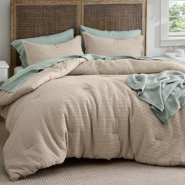 Bedsure Waffle Comforter Set Queen, Khaki Soft Cotton Bedding Set for All Seasons, Waffle Weave Bed Set, 3 Pieces, 1 Comforter (90"x90") and 2 Pillow Shams, Premium Cotton Cover with Polyester Fill
