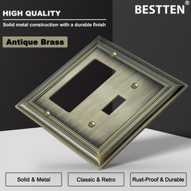 BESTTEN Combination 1-Toggle/1-Decorator Wall Plate, Mid-Size 2-Gang Corrosion Resistant Antique Brass Receptacle Outlet Cover and Switch Cover Plate, 2 Pack, UL Listed