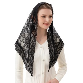 PAMOR Veils for Church Catholic Triangluar Scarf Embroidered Chapel Veil Head Covering Latin Mass Mantilla (Black)