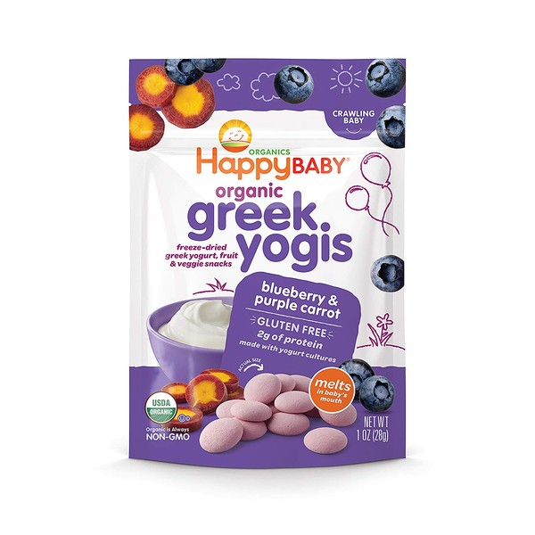Happy Baby Organic Greek Yogis Freeze-Dried Greek Yogurt and Fruit Snacks, Blueberry/Purple Carrot, 1 Ounce (Pack of 8)