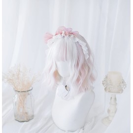 Sizuuenn Women's Lolita Full Wig, Short Hair, Curly, Ice Cream, White Wig, "Unicorn" Heat Resistant Wig, High Temperature Hair Fiber, Cosplay Wig, Dedicated Net, For Events, School Festivals, Cultural