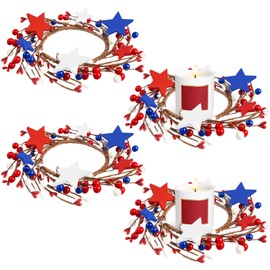 4 Pcs Patriotic Candle Rings Red White Blue Star Mixed Berries Candle Rings Patriotic Candle Holder Wreaths for 4th of July Home Kitchen Pillar Candle Tabletop Decor